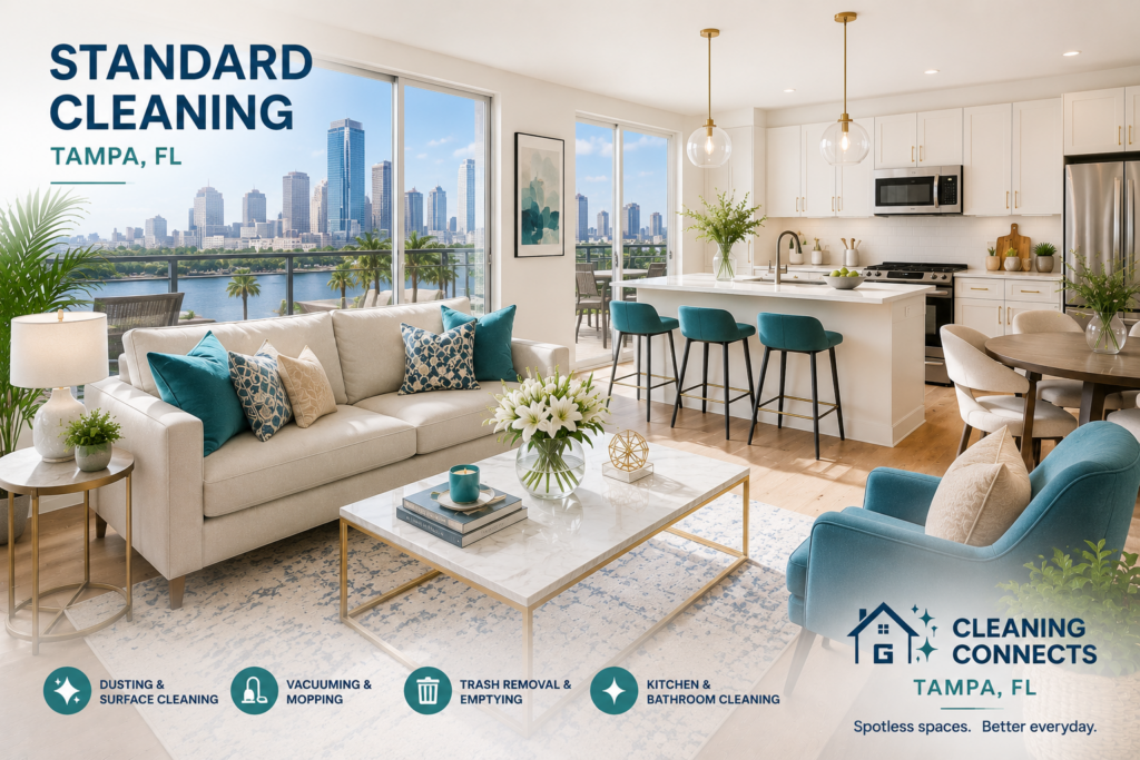 Standard house cleaning service in Tampa, FL featuring a bright modern apartment interior cleaned by professional residential cleaners.