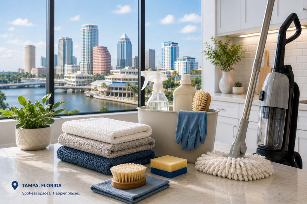 Home cleaning supplies and vacuum cleaner in a modern Tampa apartment with waterfront skyline view, representing residential cleaning services in Tampa, FL.